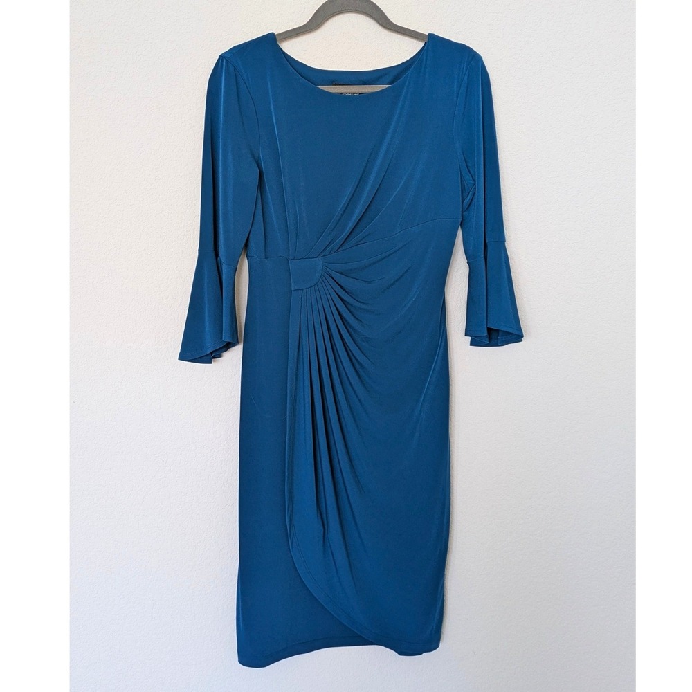 Connected Apparel Bell Sleeve Sheath Dress Women 6 Teal Blue Ruched Faux Wrap